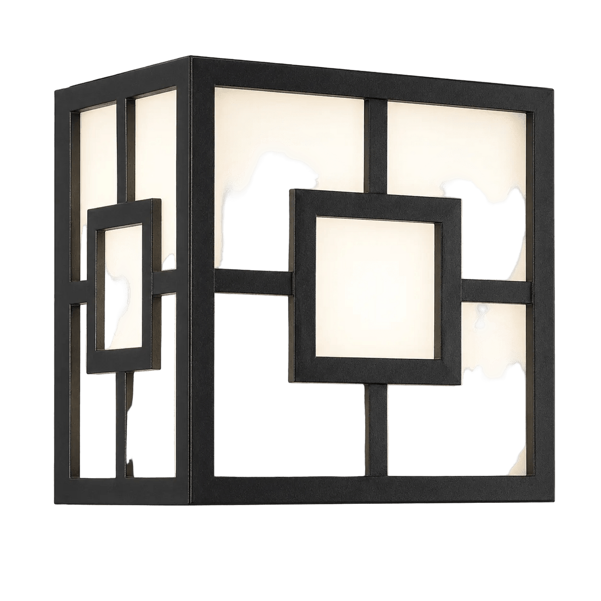 Black square outdoor bulkhead light with geometric cut‑out panels, illuminated against a black background.