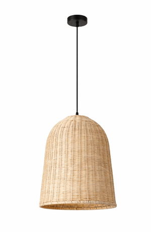 Pendant light with rattan shade on a white background