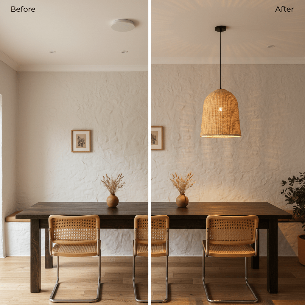Before and after comparison of a dining area with a rattan pendant light installed, showcasing warm lighting.