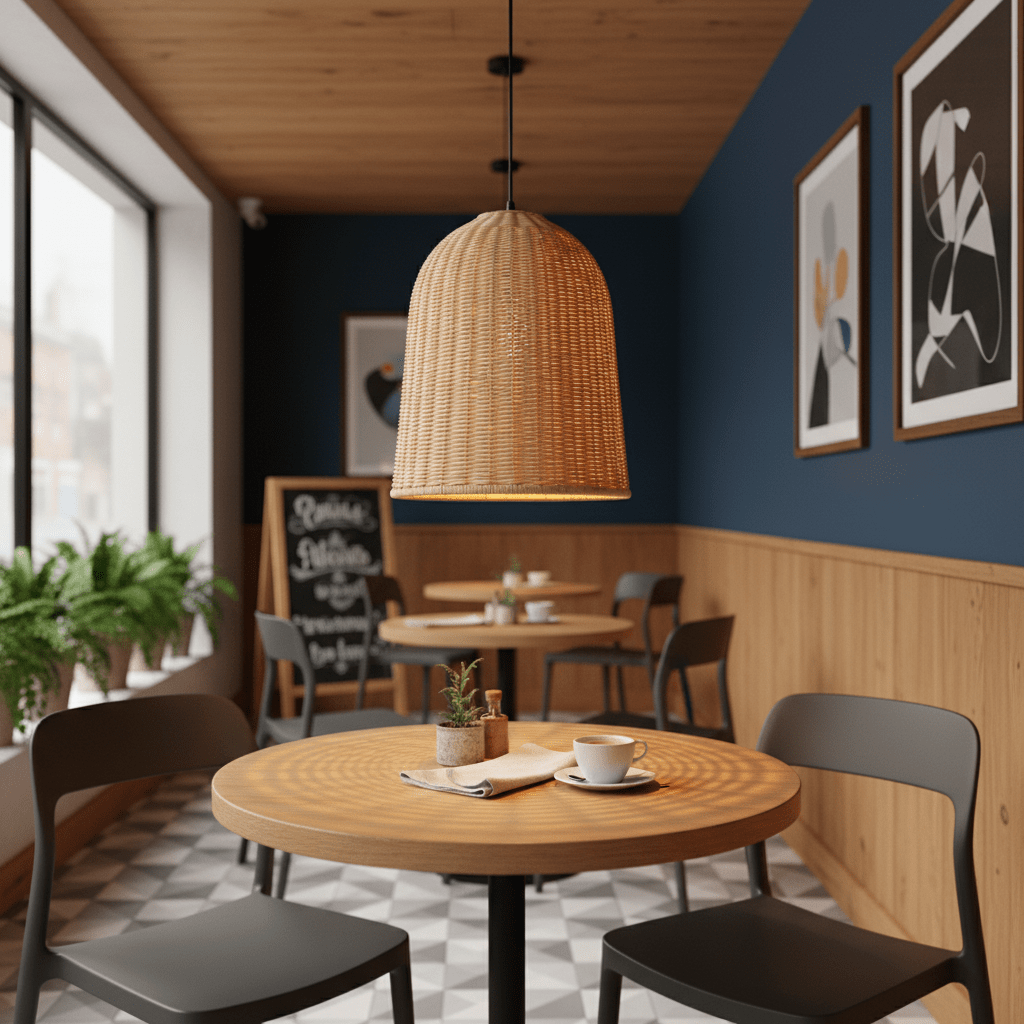 360mm rattan pendant light hanging above a wooden table in a cozy café setting.