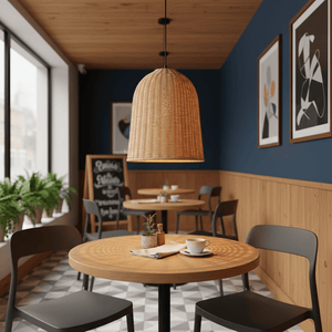 360mm rattan pendant light hanging above a wooden table in a cozy café setting.
