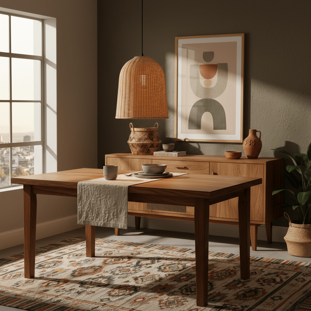 A warm rattan pendant light hangs above a wooden dining table, enhancing a cozy interior with natural textures.