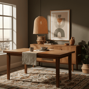 A warm rattan pendant light hangs above a wooden dining table, enhancing a cozy interior with natural textures.