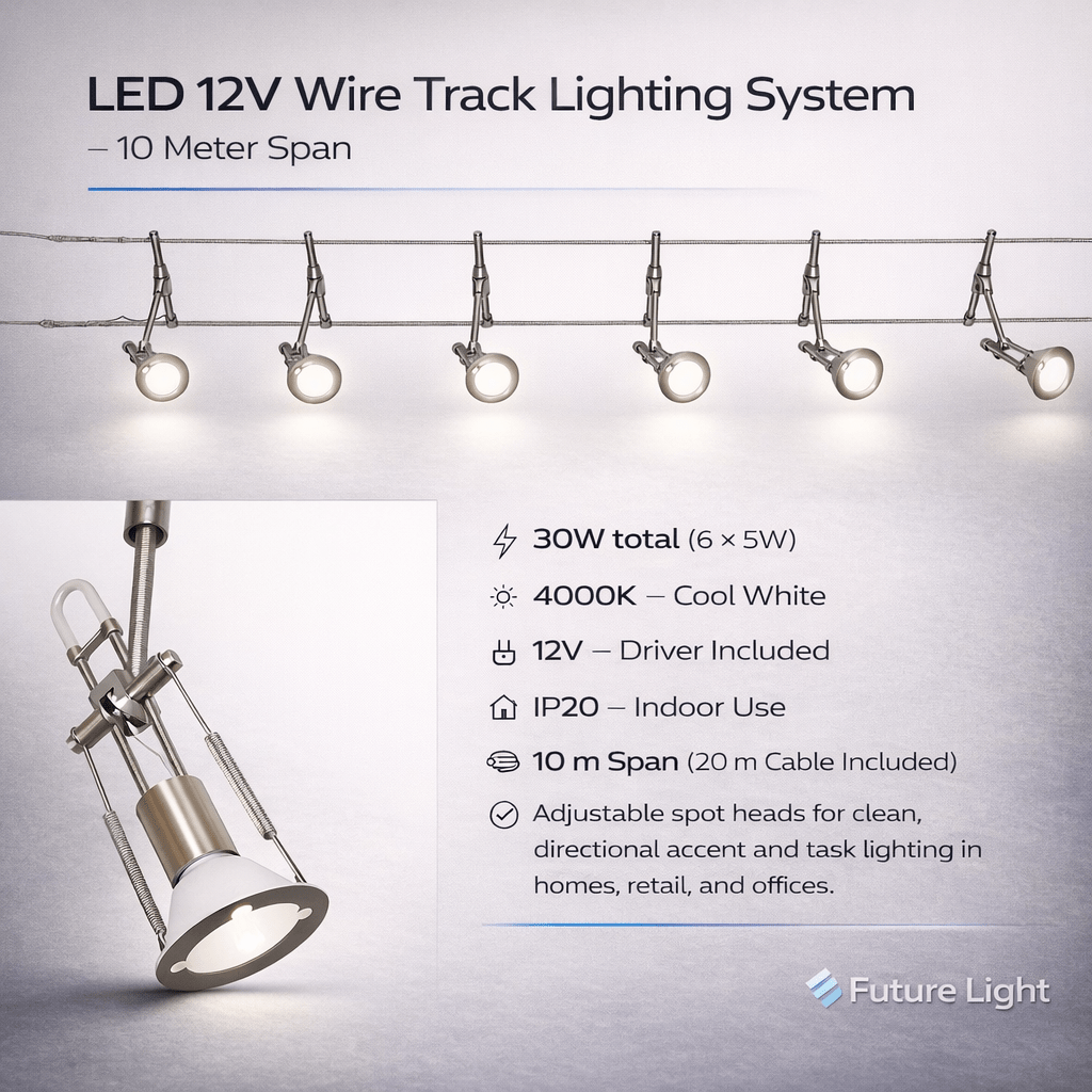 LED 12V Wire Track Lighting System - 10 Meter Span