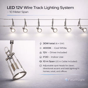 Detail view of a 10-meter LED wire track lighting system with adjustable spot heads for focused illumination.