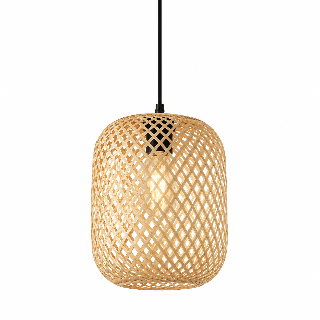 Handwoven rattan pendant light with a natural finish, featuring an open design and E27 bulb socket.