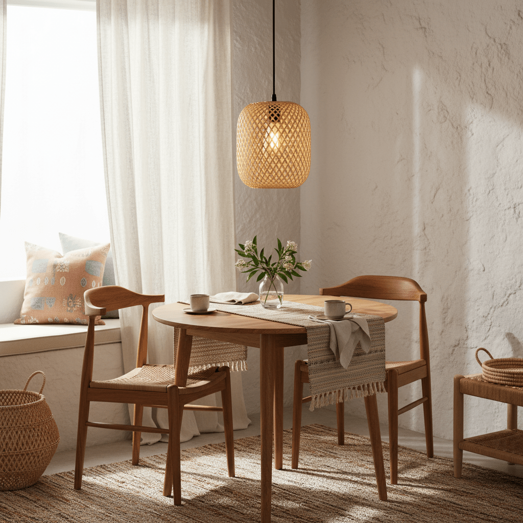 Adaya Rattan Pendant 260 hanging above a wooden dining table, surrounded by chairs and decor.