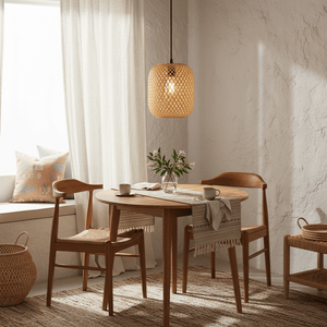 Adaya Rattan Pendant 260 hanging above a wooden dining table, surrounded by chairs and decor.