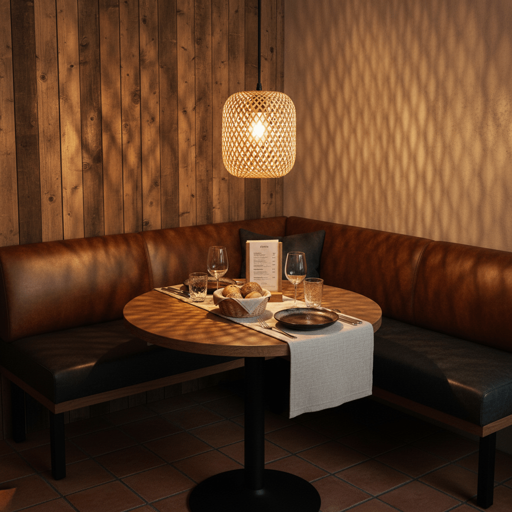 Adaya Rattan Pendant 260 hanging above a round dining table with a cozy seating area, showcasing warm light and textures.
