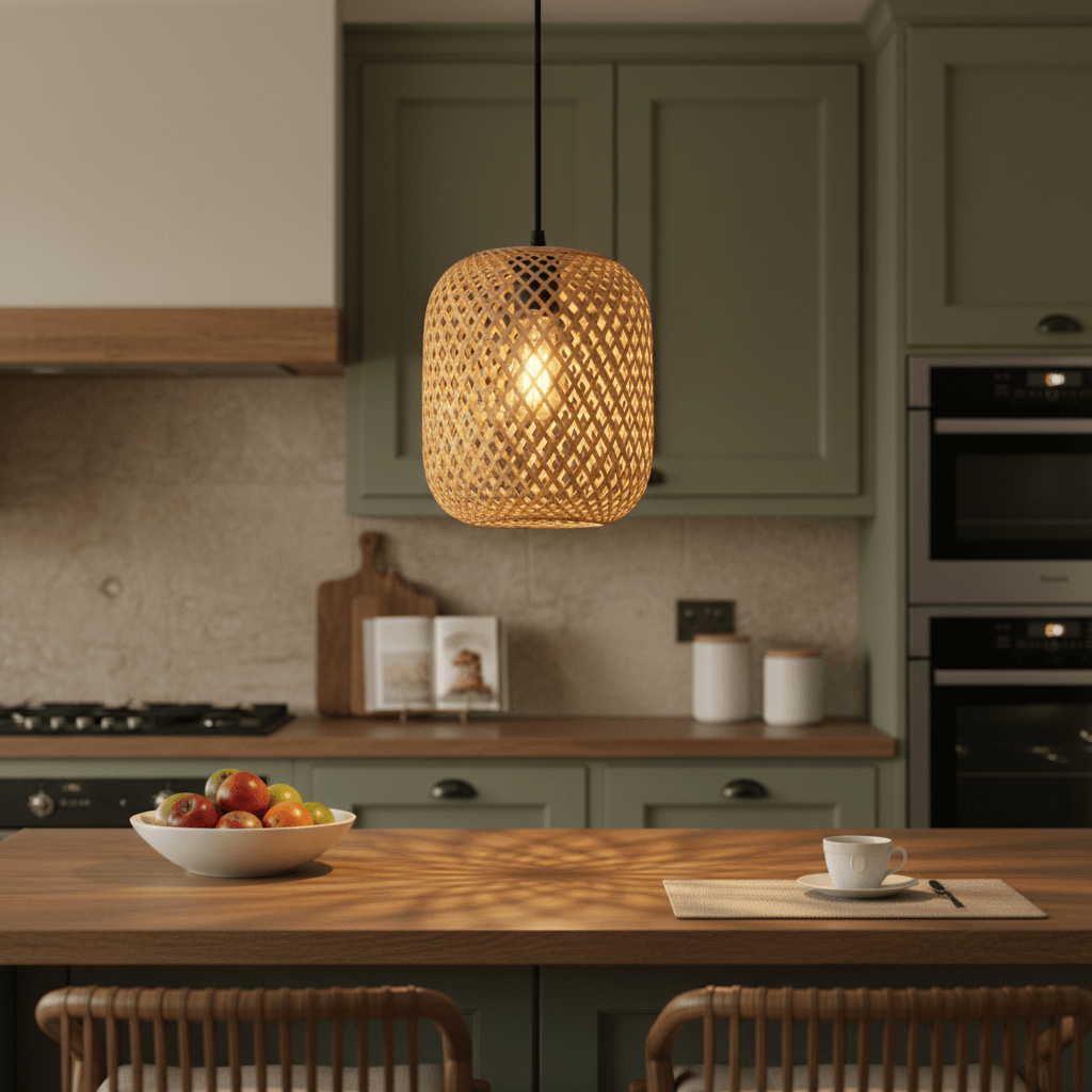 Adaya Rattan Pendant 260 hanging above a wooden dining table, casting warm light and intricate shadows.