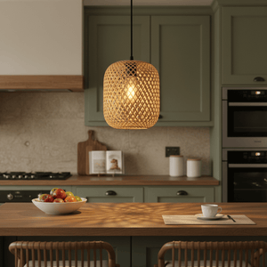 Adaya Rattan Pendant 260 hanging above a wooden dining table, casting warm light and intricate shadows.