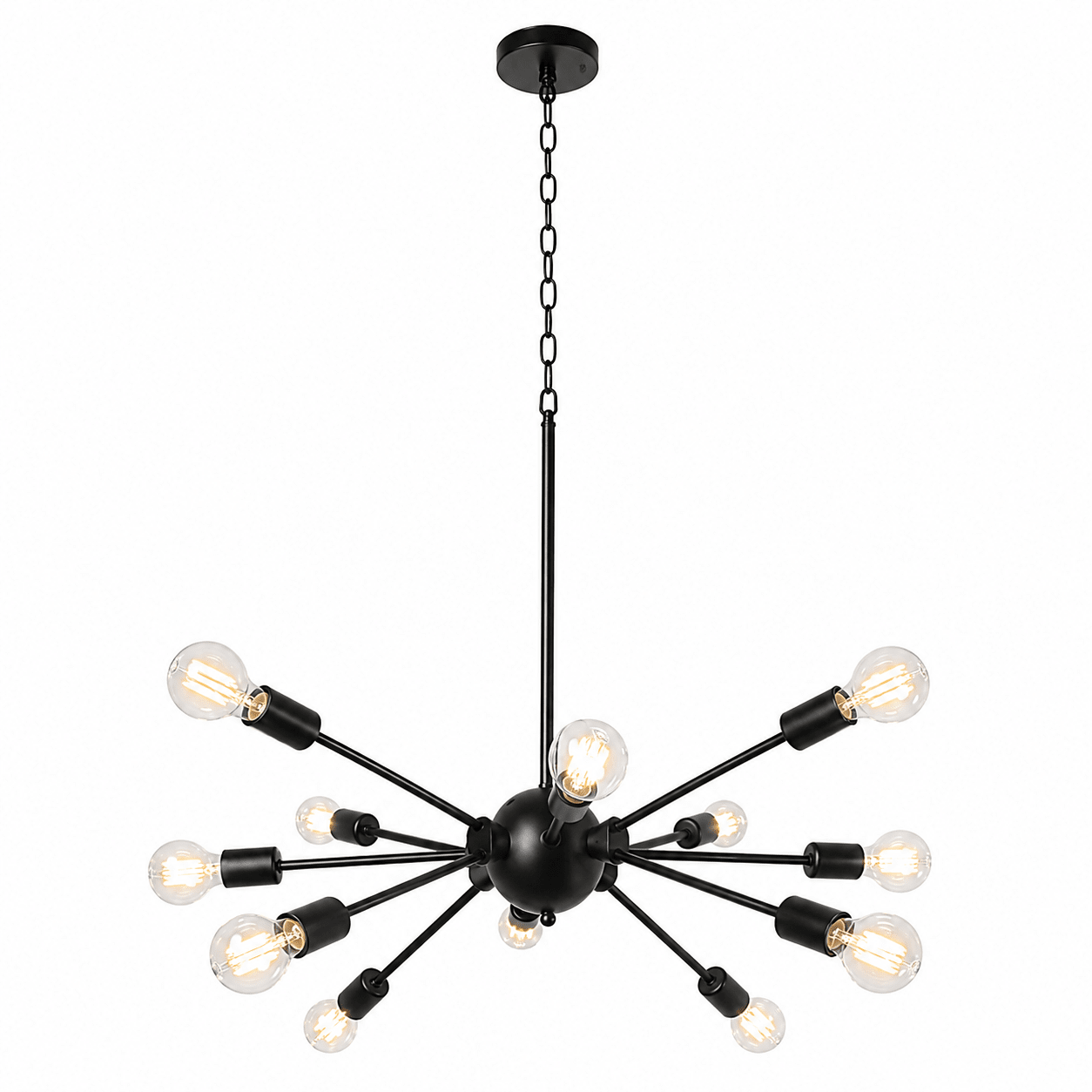 Black sputnik chandelier with multiple light bulbs on a white background