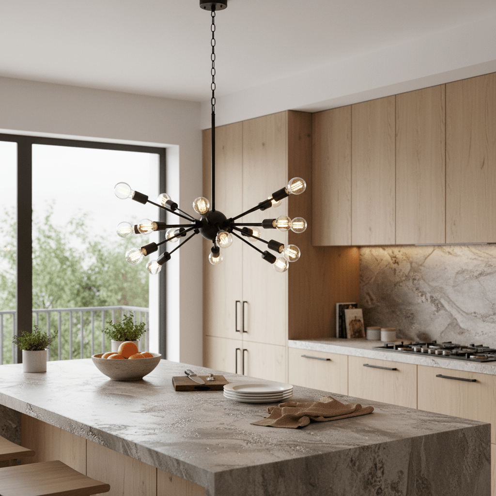 Stylish black pendant light with twelve bulbs hanging over a modern kitchen island with wooden cabinetry.
