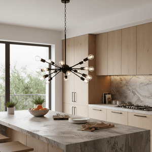 Stylish black pendant light with twelve bulbs hanging over a modern kitchen island with wooden cabinetry.
