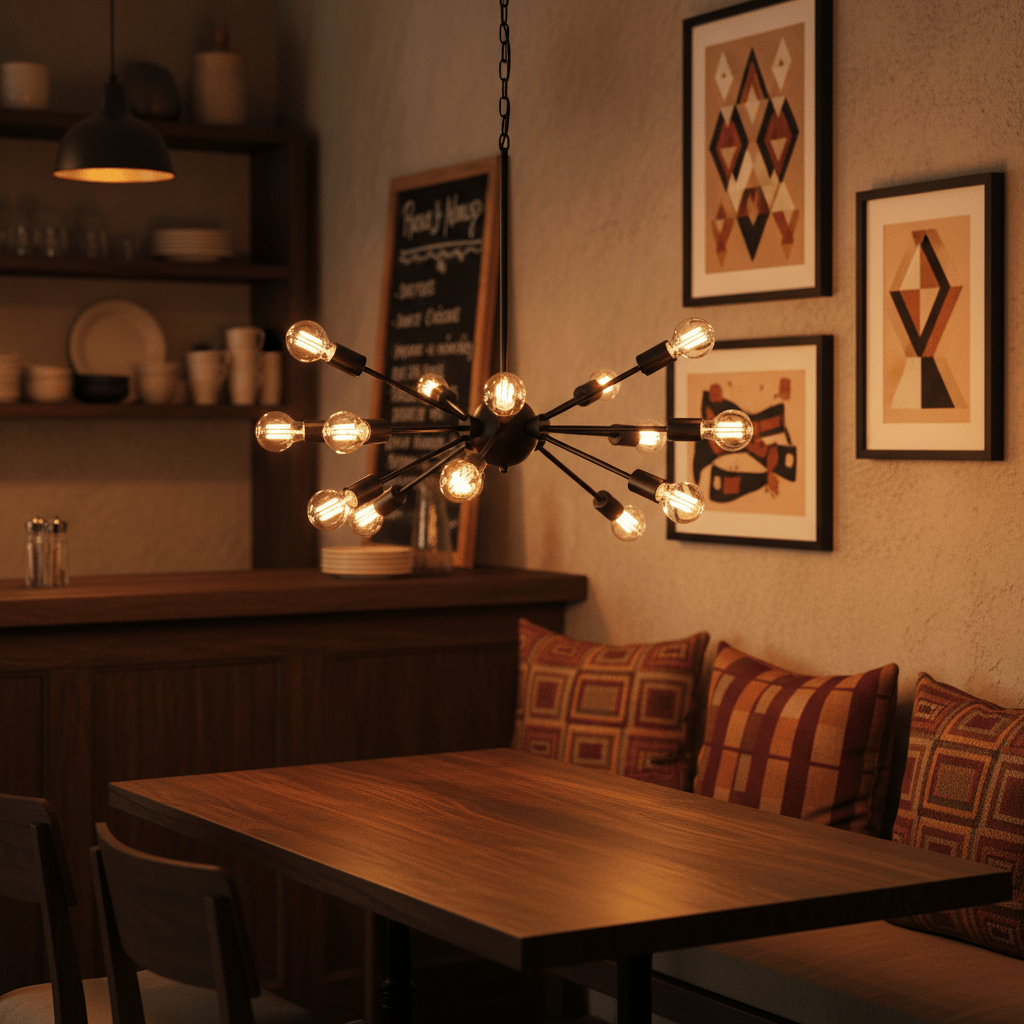 Stylish black pendant light with twelve bulbs hanging over a wooden dining table in a cozy setting.