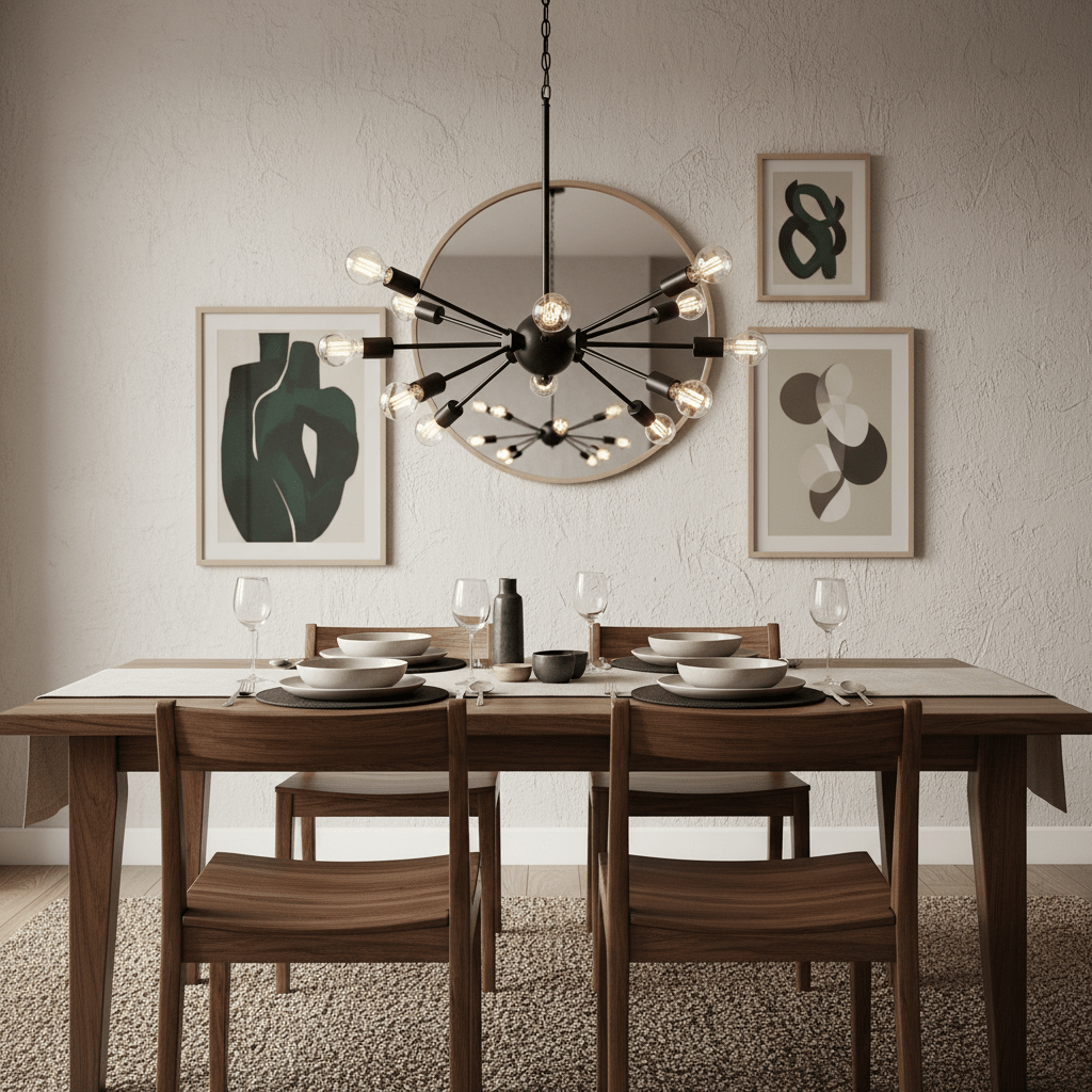 Stylish dining setup featuring the Supernova 12 Black Pendant Light above a wooden table with plates and glasses.