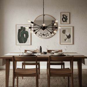 Stylish dining setup featuring the Supernova 12 Black Pendant Light above a wooden table with plates and glasses.