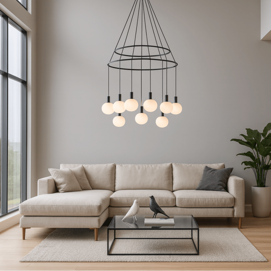 Modern living room with a beige sectional sofa, glass coffee table, and a stylish black chandelier.