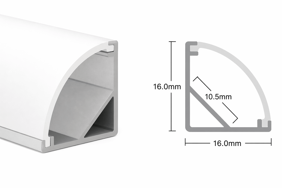 Aluminium LED corner extrusion with frosted cover, showcasing profile design and dimensions.