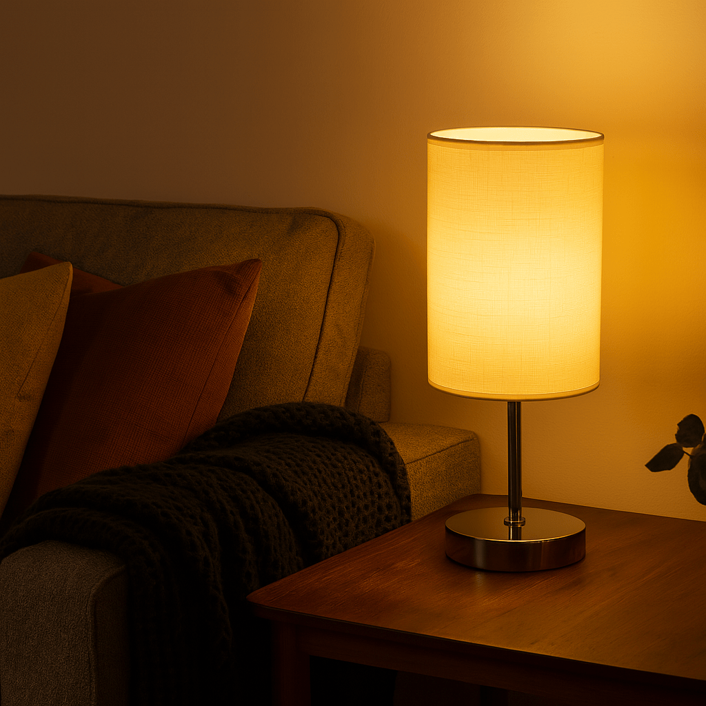 Polished Chrome Table Lamp - White Fabric Shade