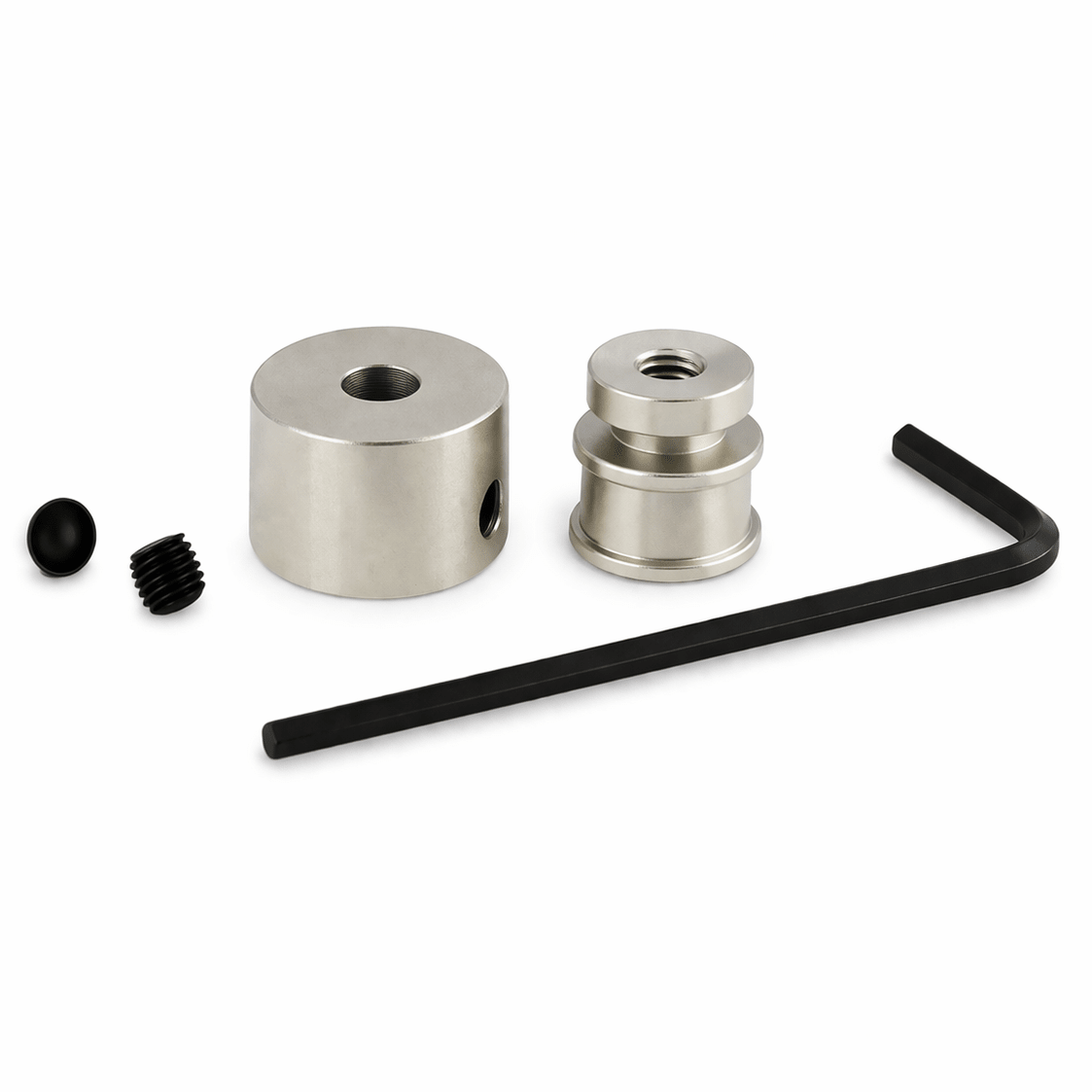 Set of metal components including two cylindrical parts, a black screw, and a wrench on a white background.