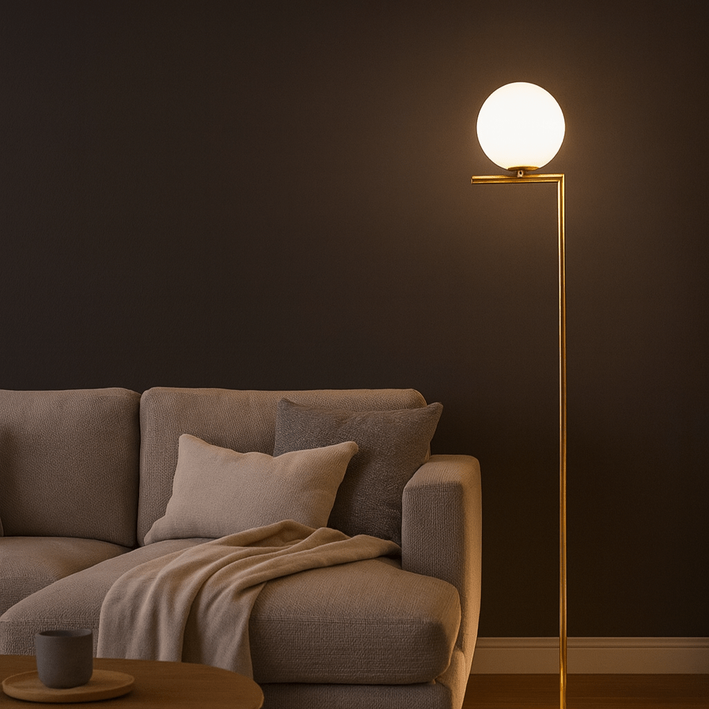 Modern living room with a gray sofa, round coffee table, and standing lamp.