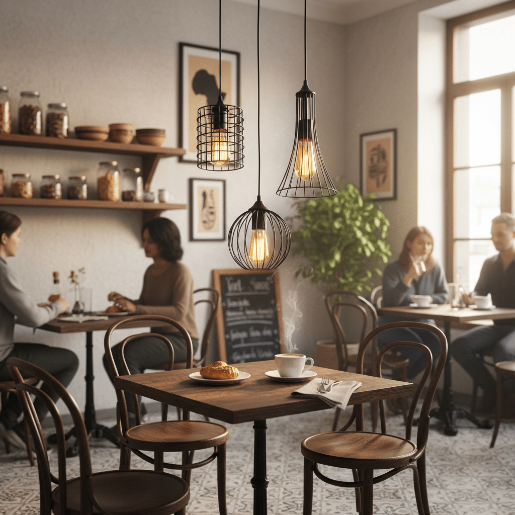 Three pendant lights in a cozy café setting, illuminating a wooden table with coffee and pastries.