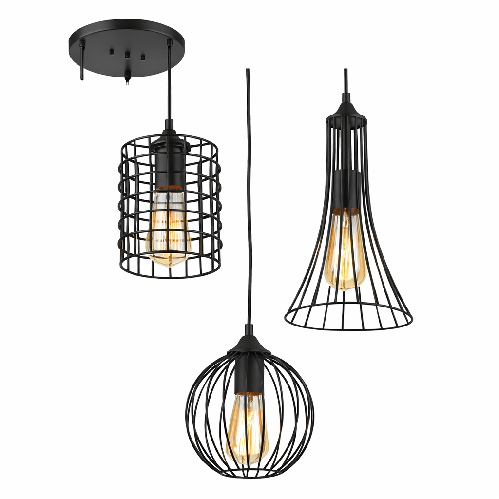 3 Light Black Grid Pendant
