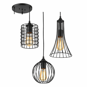 Set of three black wire cage pendant lights on a white background