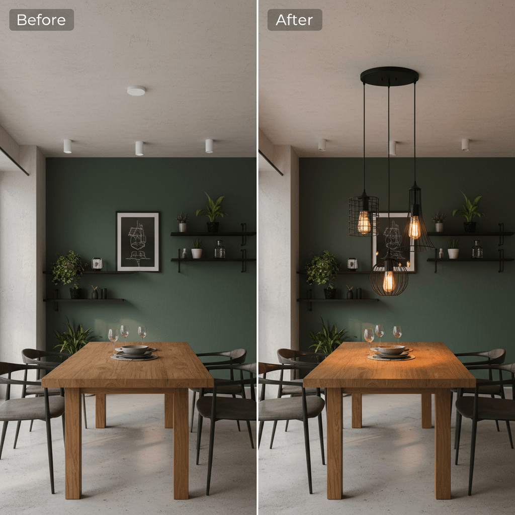 Before and after comparison of a dining area featuring a 3 Light Black Grid Pendant light, enhancing the space.