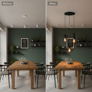 Before and after comparison of a dining area featuring a 3 Light Black Grid Pendant light, enhancing the space.