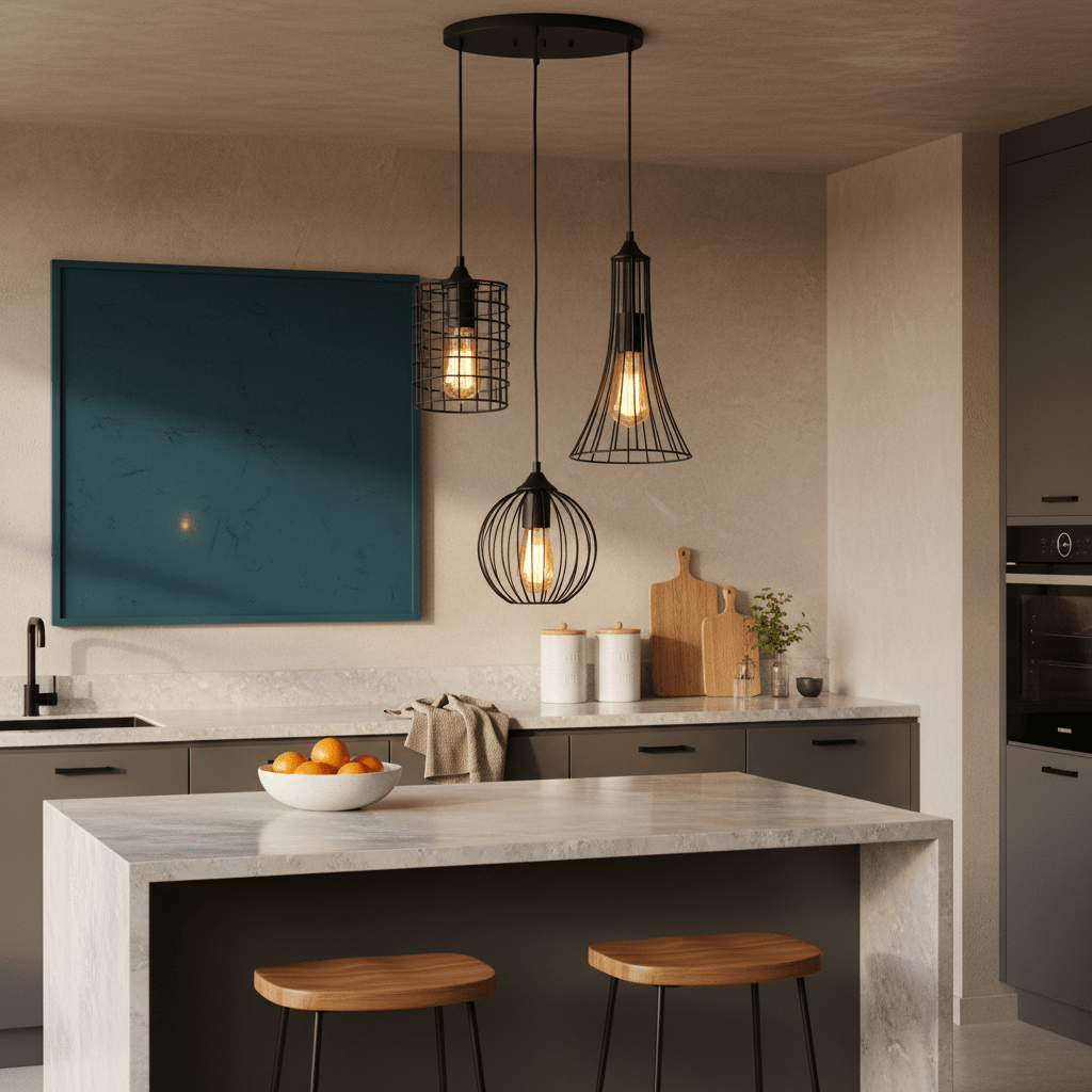 Three black pendant lights with unique designs hang over a kitchen island with a bowl of oranges.