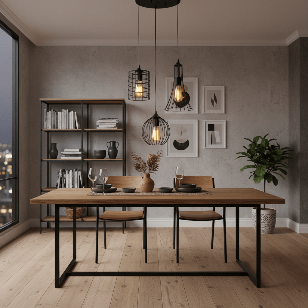 Stylish dining area featuring a wooden table set with plates and glasses, illuminated by a 3 Light Black Grid Pendant.