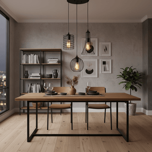 Stylish dining area featuring a wooden table set with plates and glasses, illuminated by a 3 Light Black Grid Pendant.