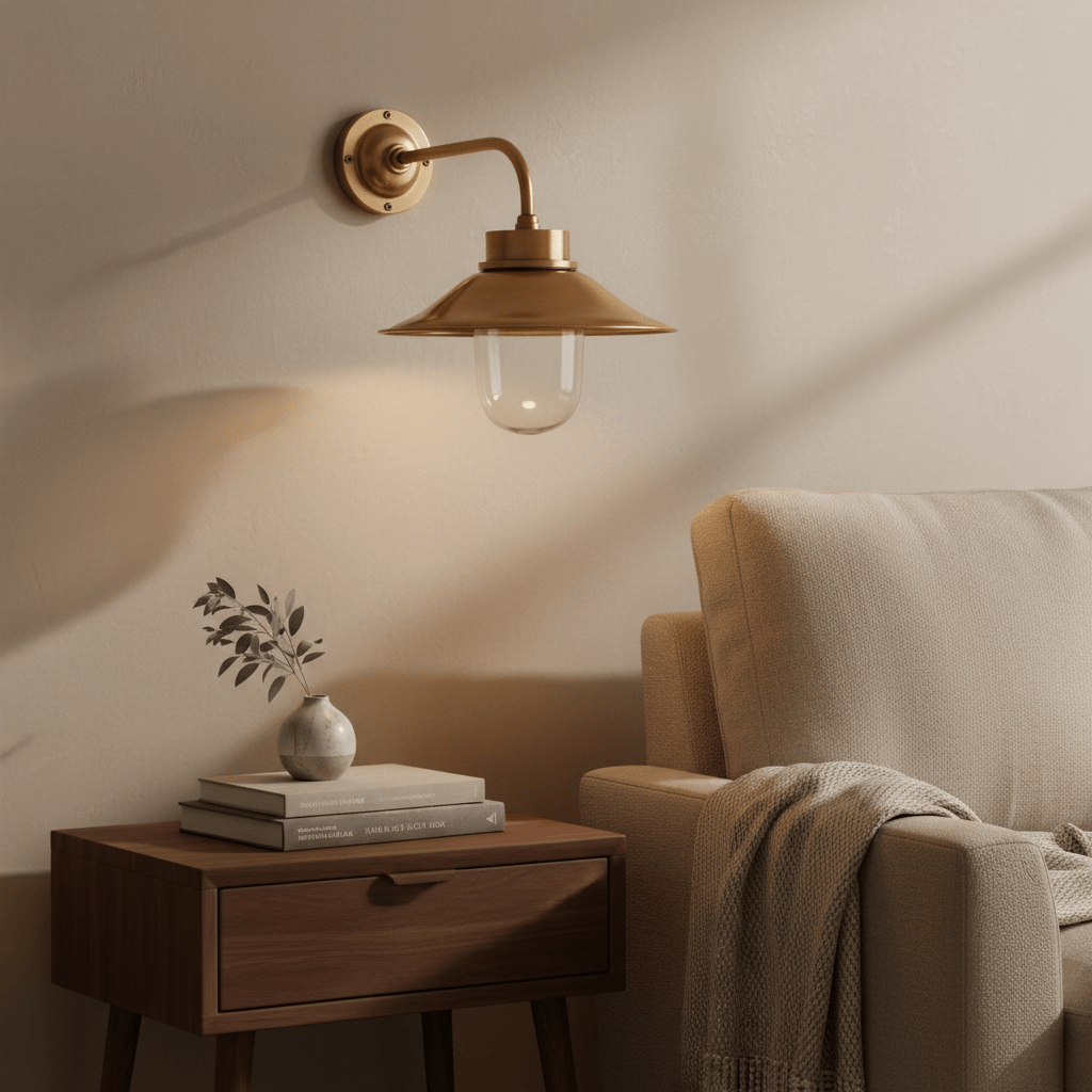 Antique brass wall lamp with glass shade illuminating a cozy living space, beside a wooden side table.