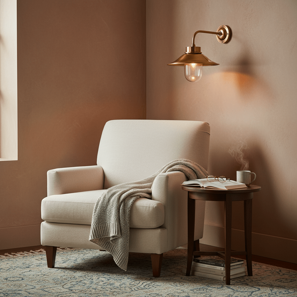 Antique brass wall lamp illuminating a cozy reading nook with a chair, blanket, and side table.