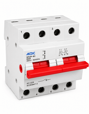 2-pole 63A DIN Changeover Switch with red handle and labeled terminals for power source switching.