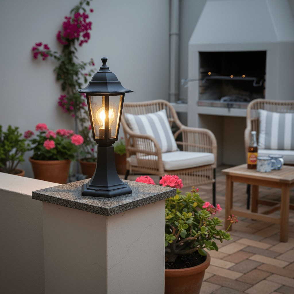 Black outdoor pillar lantern illuminating a patio with flowers and seating in the background.