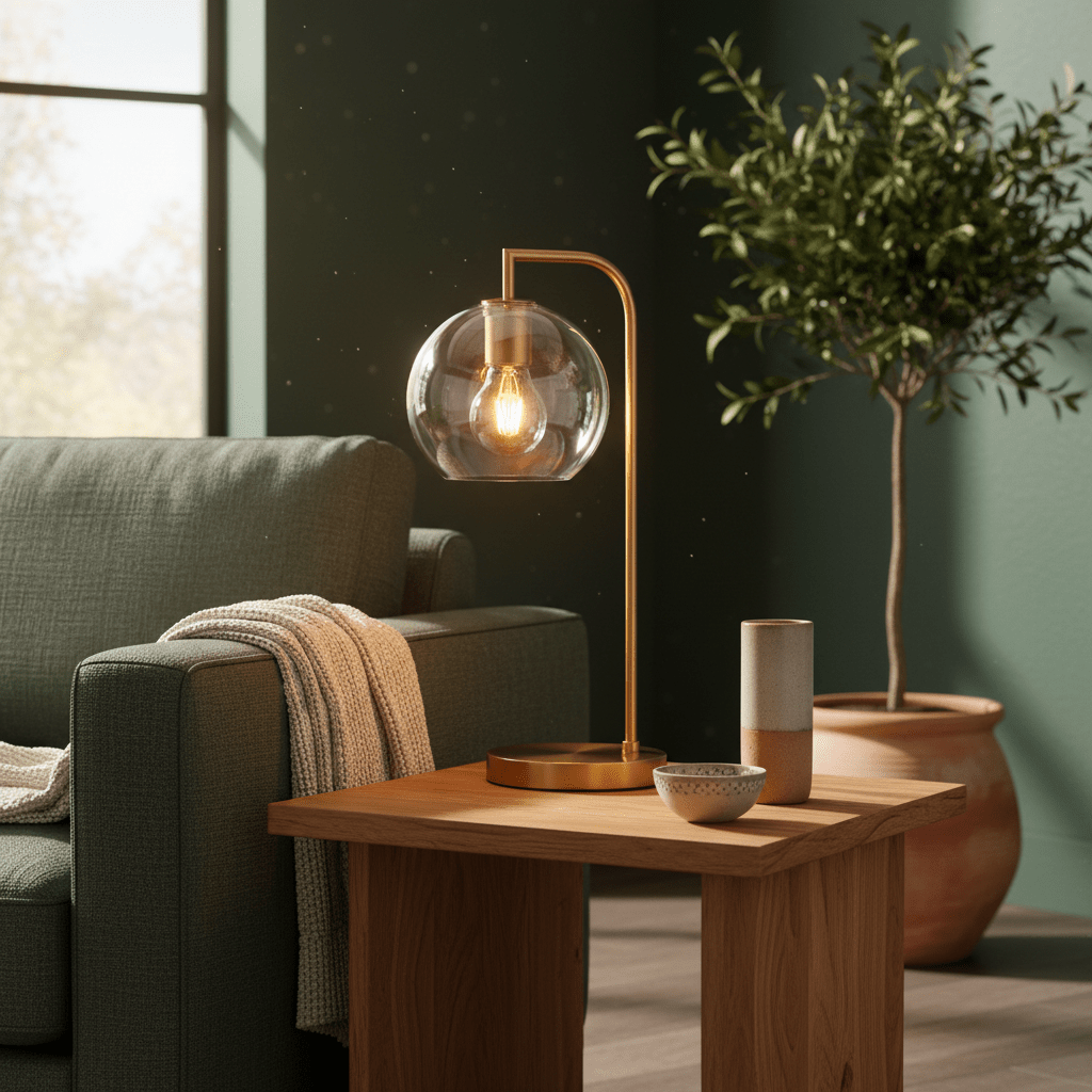Inspiration Table Lamp on a wooden side table beside a green sofa, with decorative items and a plant in the background.