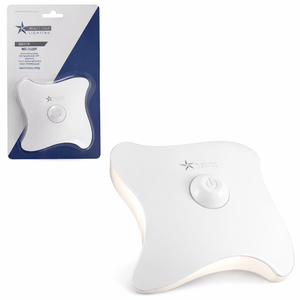 Battery-operated LED night light with a soft glow and simple on/off switch, shown with packaging.