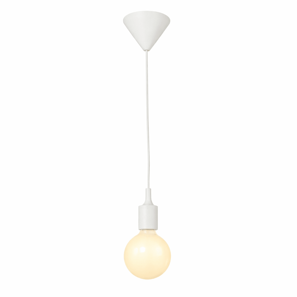 White pendant light with a visible bulb on a white background