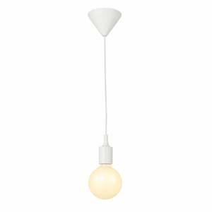White pendant light with a visible bulb on a white background