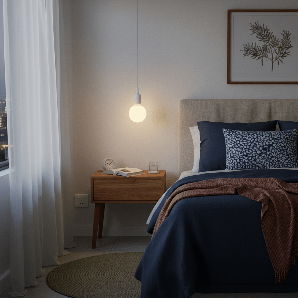 Minimalist silicone pendant light hanging above a bedside table with a book and glass of water.