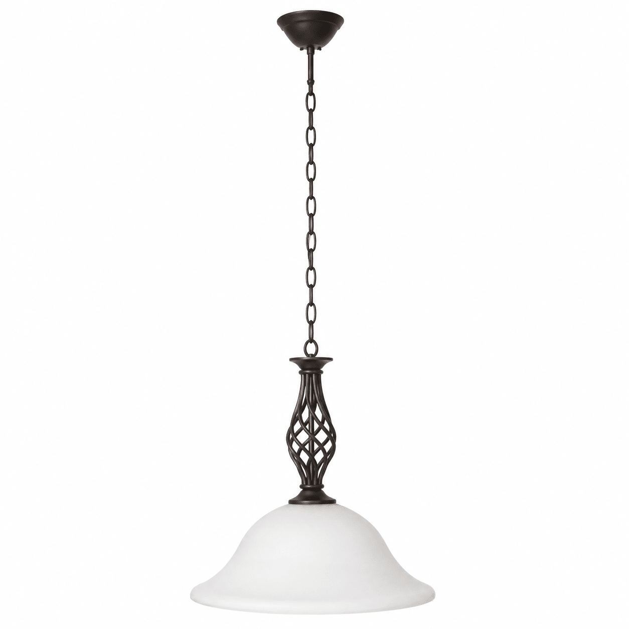 Pendant light with white glass shade and dark metal fixture on a white background