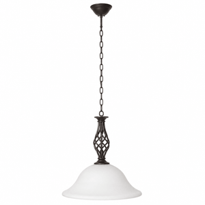 Pendant light with white glass shade and dark metal fixture on a white background