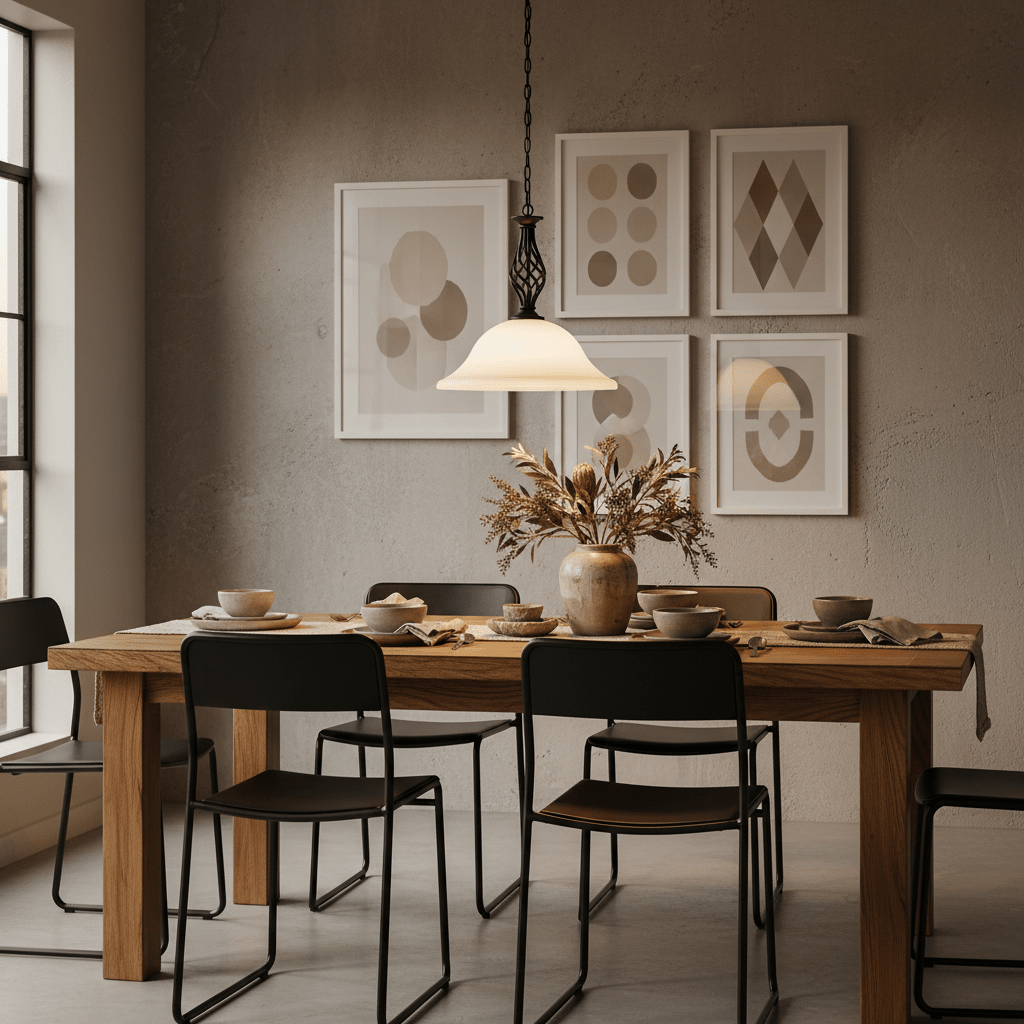 Black metal pendant light with alabaster glass shade hanging over a wooden dining table set with dishes.