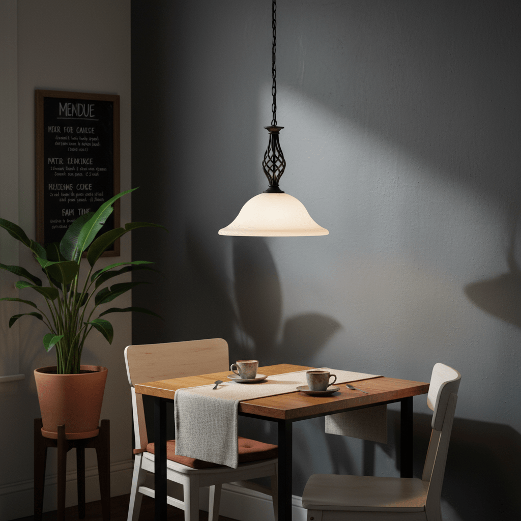 Black metal pendant light with alabaster glass shade hanging over a dining table set for two.