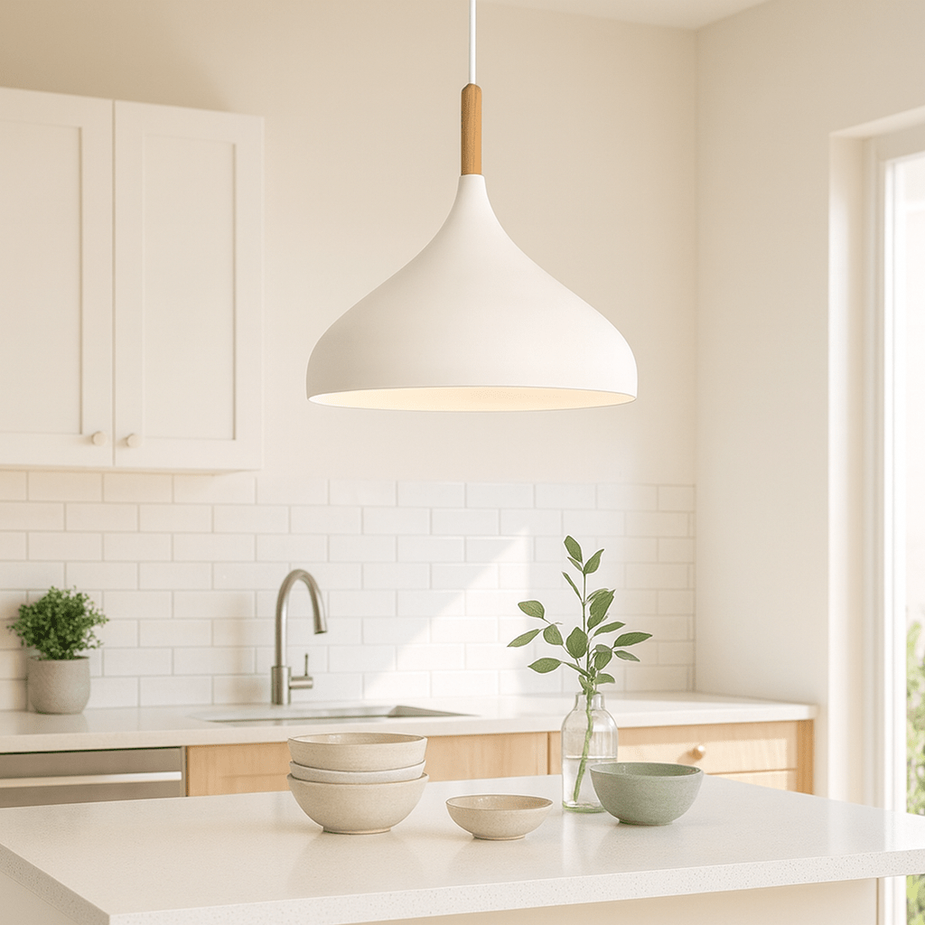 White Metal & Wood Pendant Light