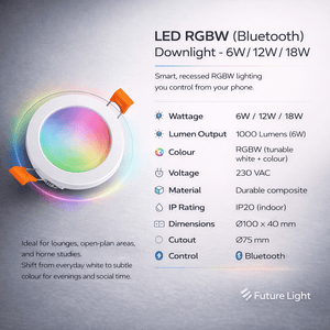 Close-up of a Bluetooth RGBW recessed downlight with colorful lighting effects and installation details.