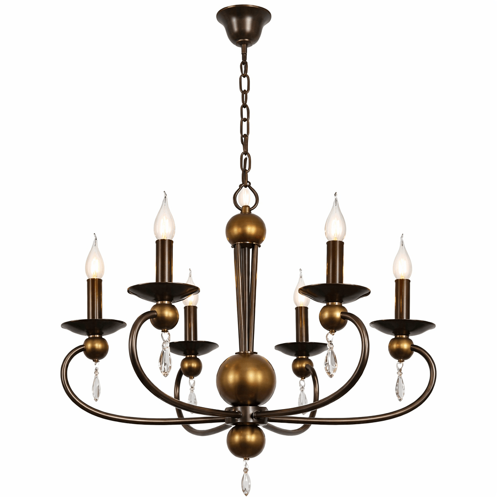 Bronze chandelier with multiple candle-style lights on a white background